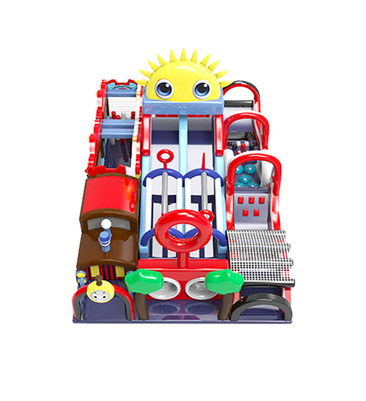 Farbenfrohe Spielplätze: Züge, Rutschen unter sonnigem Himmel